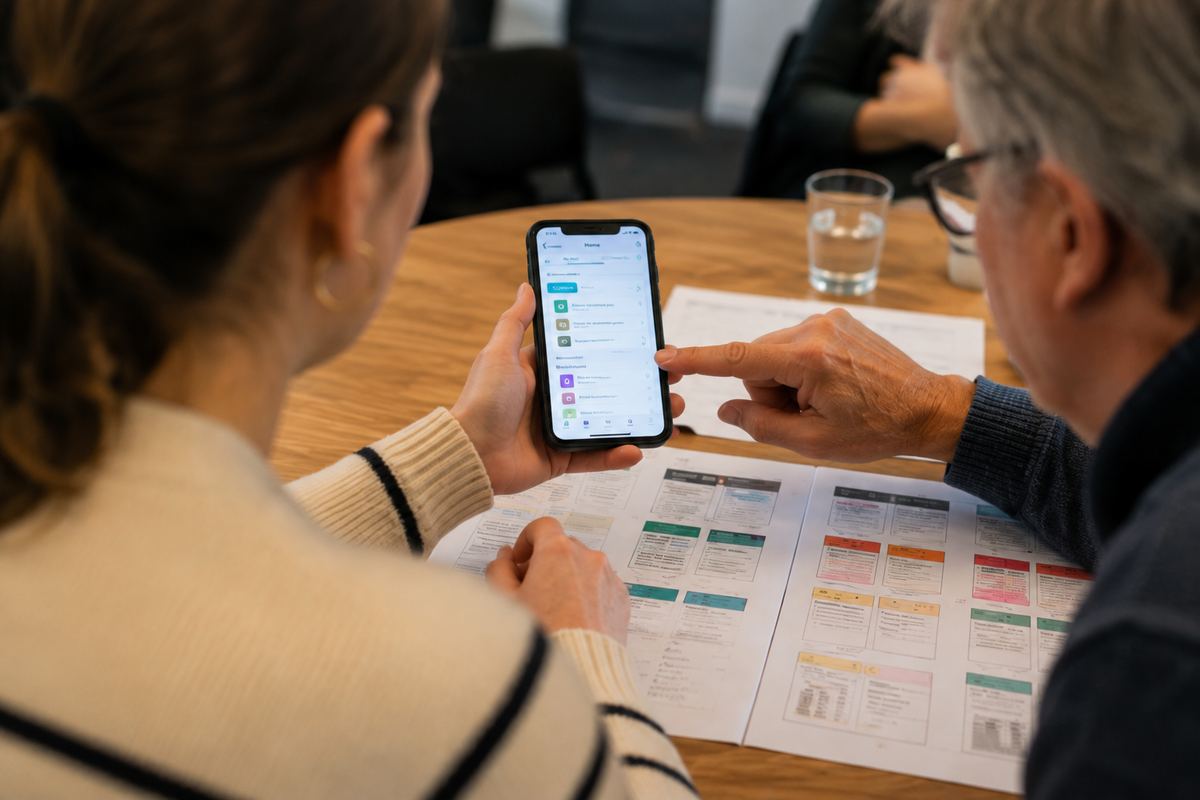 Reviewing findings on a phone alongside printed research materials