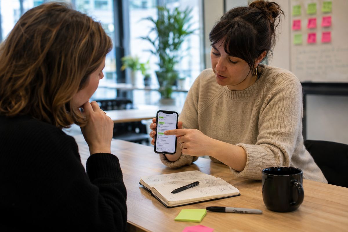 Two people reviewing an app screen together during a usability session