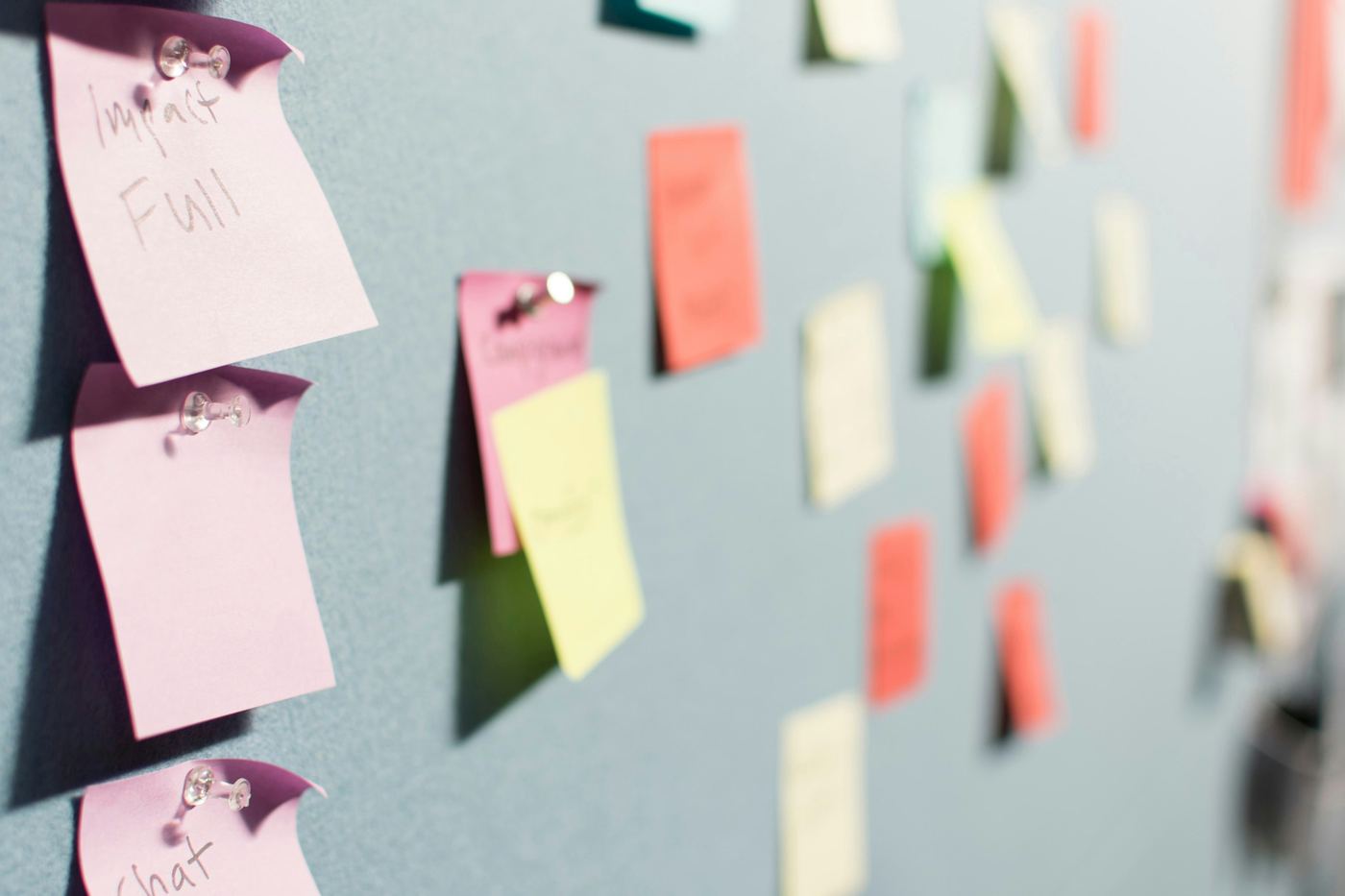 Research themes and notes pinned to a wall during analysis